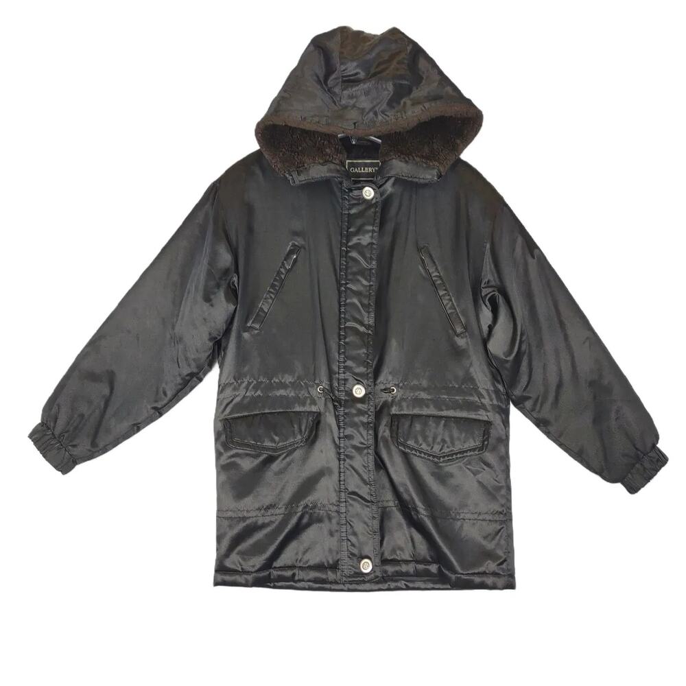 Vtg Y2K GALLERY Black Satin Faux Fur Hood Full Zip Quilted‎ Jacket Coat Korea XS